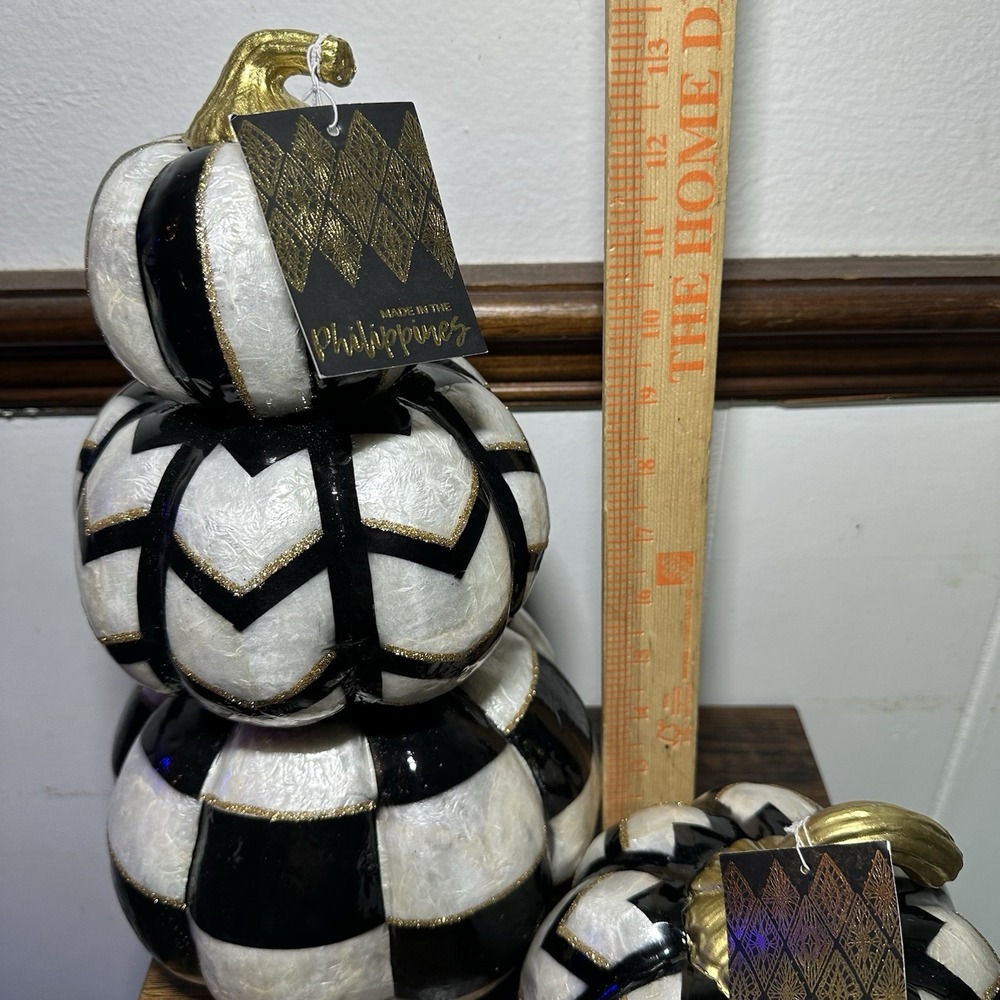 2 Black White Checkered Stacked Pumpkins Gold Stems Halloween Fall Topiary New - Picture 5 of 11